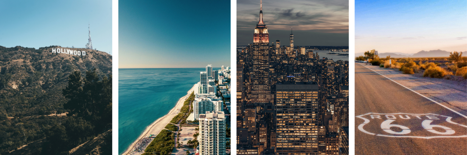 USA highlights. Images of the Hollywood sign, Miami beach, New York City skyline and route 66