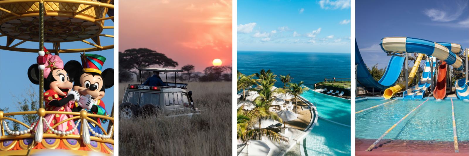 family holiday collage. Images of Disney World, waterparks, safari holidays, all inclusive hotel